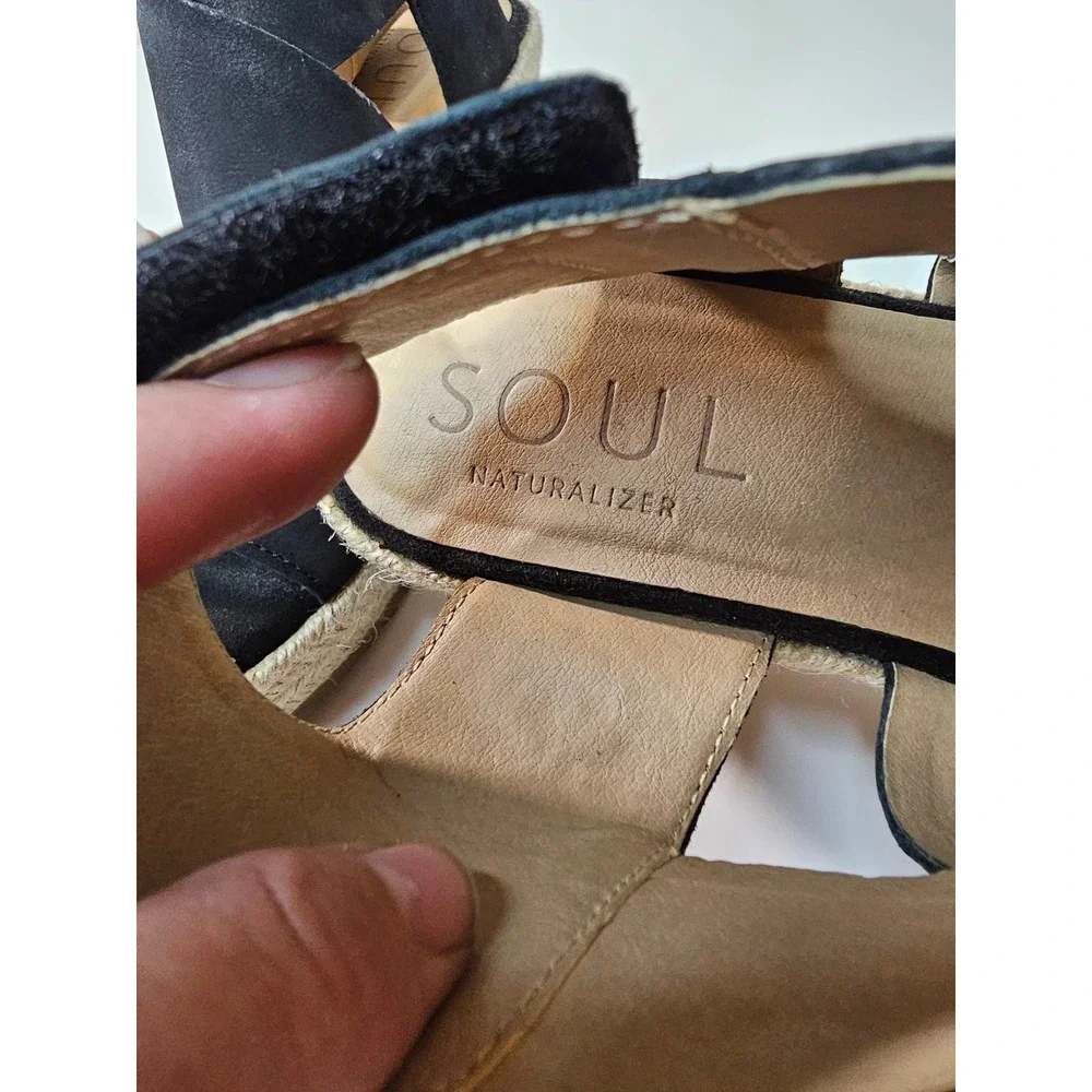 Soul Naturalizer Oshay Black Leather Espadrille Wedge Sandals Womens 7M